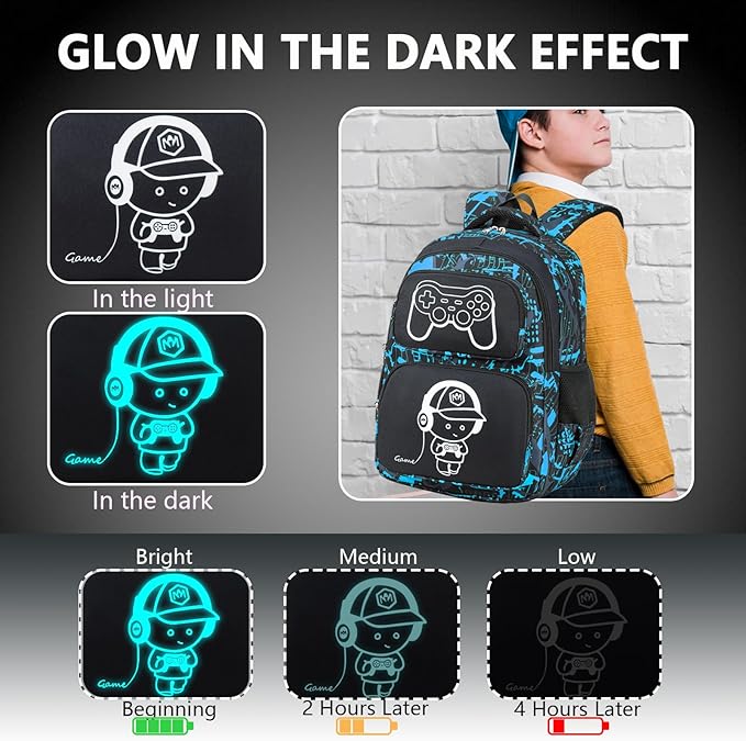Boys Backpack with Lunch Box Glow in Dark Gamer Bookbag Kids Ages 4-12 Kindergarten Elementary Middle School Gaming Backpack, Luminous Game Boy Black Blue