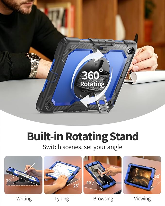 Ambison Case for iPad (A16) 11th/10th Generation 11''/10.9'' Black | Hand Strap 9H Tempered Glass Screen Protector Rotating Stand Shoulder Strap Heavy Duty Shockproof Pencil Holder
