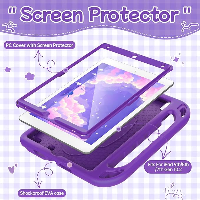 BMOUO Kids Case for iPad 9th/8th/7th Generation (iPad 10.2 Inch 2021/2020/2019) with Built-in Screen Protector Durable Shockproof Handle Stand iPad 9th 8th 7th Generation Case for Kids Black