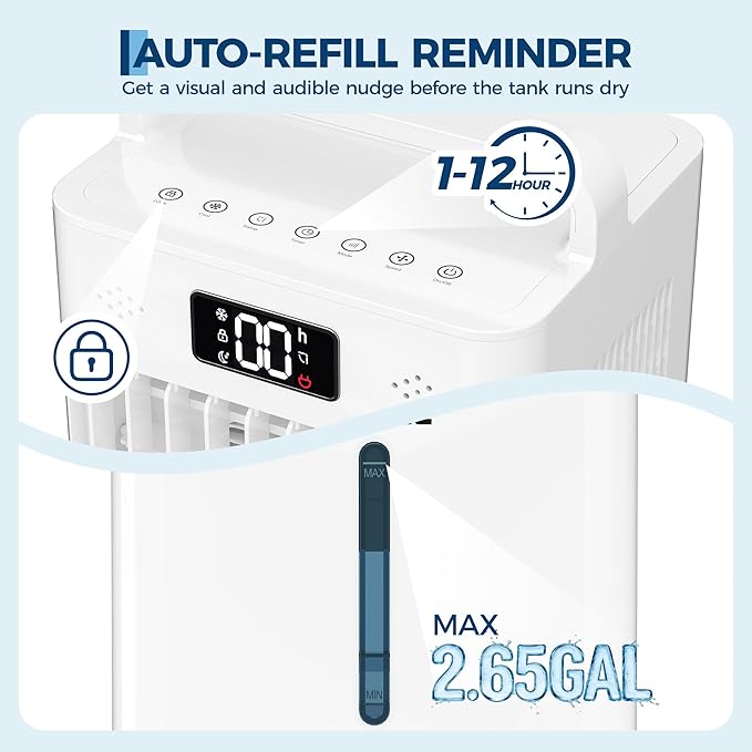 Portable Evaporative Air Cooler, 2.6Gal Touch Screen Cooler Fan with Remote Control, 6 Speeds 3 Modes LED Display, Quiet 3-in-1 Cooling, Ice Packs & Rolling Casters Included, for Bedroom Home Office