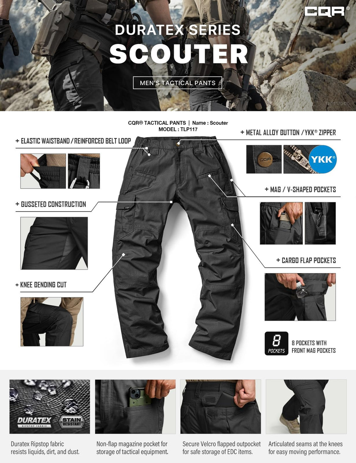 CQR Men's Tactical Pants, Water Resistant Ripstop Cargo Pants, Lightweight EDC Work Hiking Pants, Outdoor Apparel, Raider Black, 34W x 30L