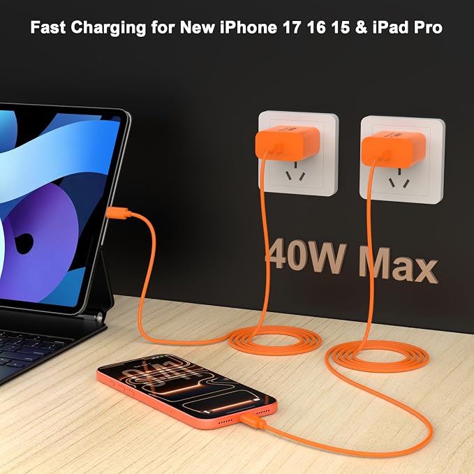40W USB C Charger Block 2 Pack iPhone 17 16 15 Charger Block Brick Orange | 40 Watt USB C Wall Charger USBC Power Adapter Type C Brick Cube for iPhone 17/17 Pro/17 Pro Max/Air/16 15 14 13 12 11 Gal
