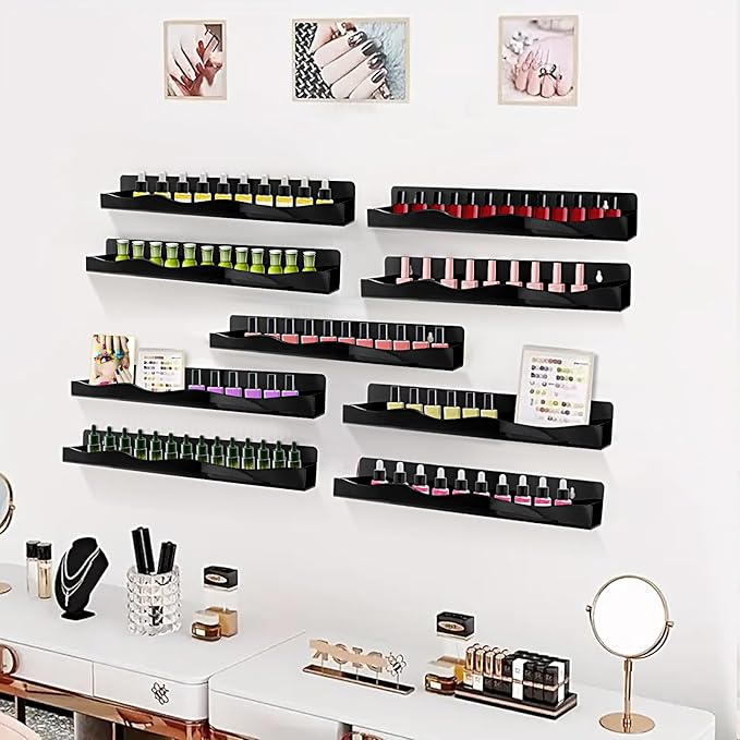 6 Pack Wall Mounted Acrylic Nail Polish Organizer Rack 15 Inch Black Nail Polish Shelf with Removable Ends Multi-Purpose Shelf for Essential Oils Cosmetics Storage Display for Salon Bathroom
