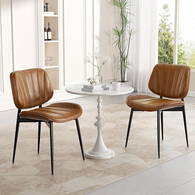 Dining Chairs Set of 4, Mid Century Modern Dining Room Chairs, Upholstered Faux Leather Kitchen Chairs with Walnut Bentwood Back and Metal Legs, Brown