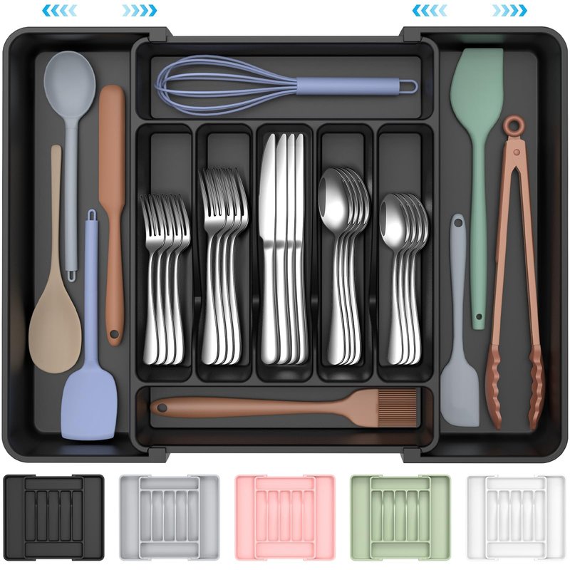 ukeetap Extra Large Expandable Silverware Organizer, BPA-Free Food-Safe Cutlery Flatware Organizer, Kitchen Utensil Drawer Organizer, Adjustable Silverware Holder for Spoons Forks Knives, Black