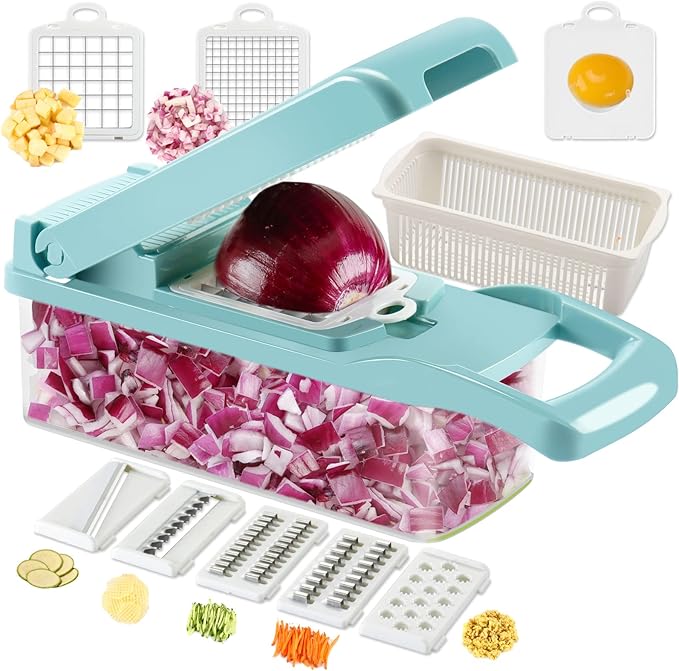 Ourokhome Vegetable Chopper Onion Cutter, 14 in 1 Professional Mandoline Slicer for Kitchen, Multifunctional Food Chopper for Potato, Tomato, Veggie with Strainer Basket, 10 Blades, Black