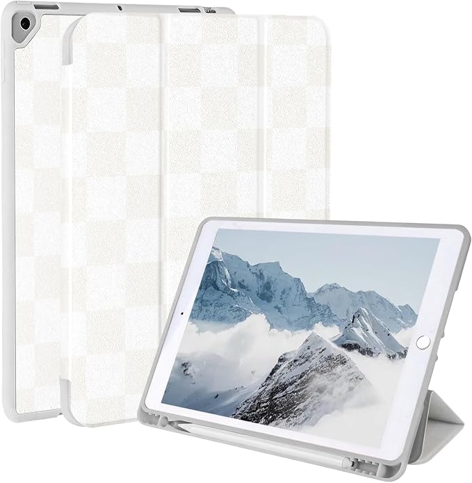 Case for iPad 9th/ 8th/ 7th Generation Case 10.2&amp10.5 Inch (2021/2020/2019 Release) Slim Lightweight Soft Trifold Back Cover with Pencil Holder &amp Auto Sleep/Wake CoverBeige Checkered