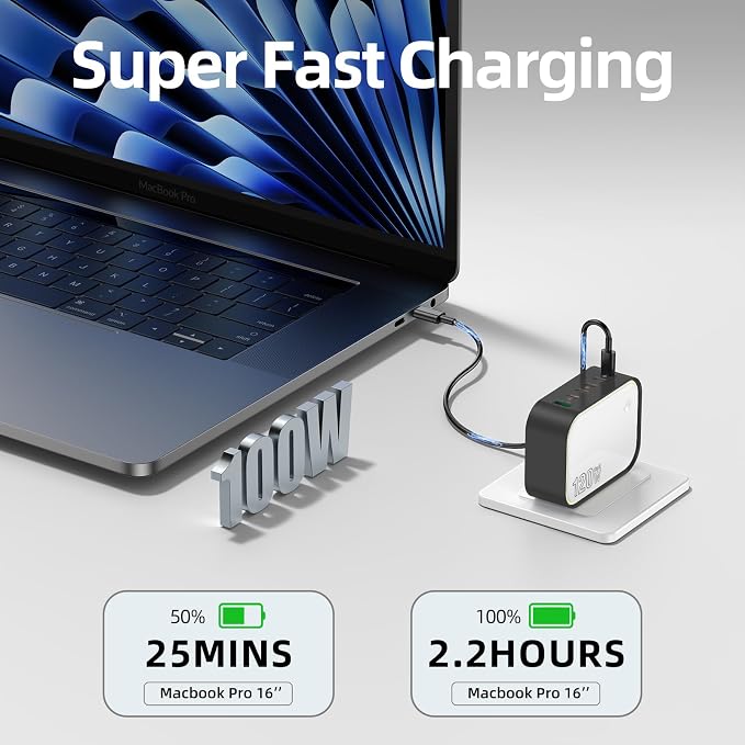 120W GaN USB C Charger 6-Port Fast Charging Block with Night Light PD 100W Wall Charger for MacBook Pro/Air iPhone 17/16/15 Series iPad Laptop - Ultra-Compact Travel Charger for Home and Office