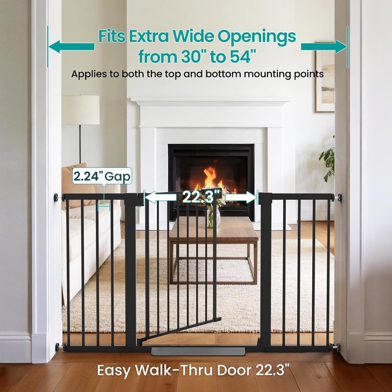 Cumbor 30-54" Extra Wide Baby Gate for Stairs, Dual Lock & Self-Closing Dog Gate Indoor, Easy Install Pet Gate for Doorways, Hallways & Kitchen, Easy Walk Thru Safety Proofing for Babies & Pets, Black
