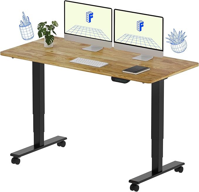 FLEXISPOT E6 MAX Rubber Wood Dual Motor 3 Stages Standing Desk 55x24 Inch Whole-Piece Board Electric Height Adjustable Stand Up Desk 150KG Load Capacity(Black Frame + Rubber Wood Desktop)