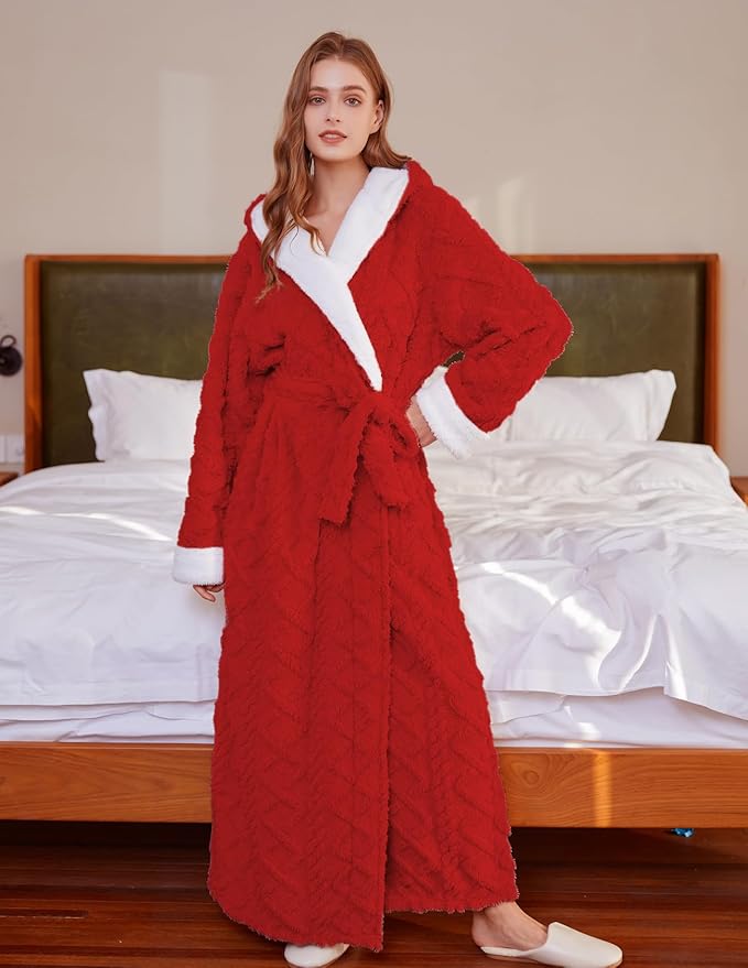 LKG women's robes long plush hooded ladies shower luxury christmas warm fuzzy robes house coat bathrobe for women full length