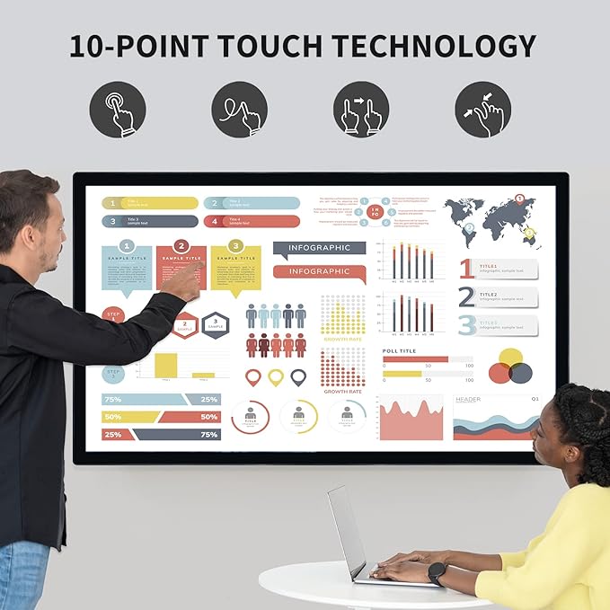 TouchWo 65-inch Interactive Touchscreen Monitor, Electronic Whiteboard Touch Screen with 4K Display, Smart Board for Home Office and Classroom, Bundled Android 14, RAM 4G & ROM 32G