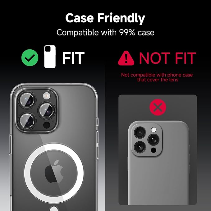 CACOE Metal Camera Lens Protector for iPhone 16Pro/16ProMax/14Pro/14ProMax | 9H Tempered Glass Aluminum Frame HD Clarity Scratch-Resistant Camera Screen Protector Cover Accessories Black