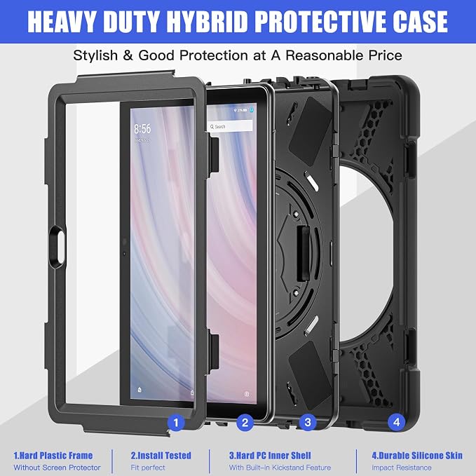 Case for Galaxy Tab S10 FE+ 13.1 2025 with Screen Protector+360 Rotating Hand Strap&ampStand+Shoulder Strap (Black)