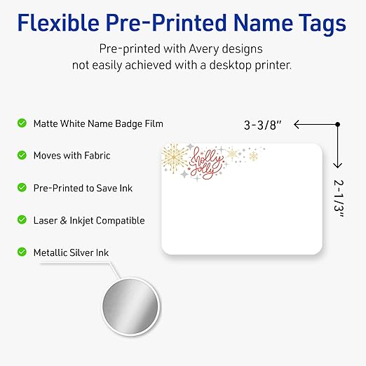 Avery Printable Christmas Adhesive Name Badges, Rectangle, 2-1/3" x 3-3/8", Pre-Printed Holly Jolly Metallic Sparkles Design, Matte White, Laser & Inkjet Compatible, 80 Total
