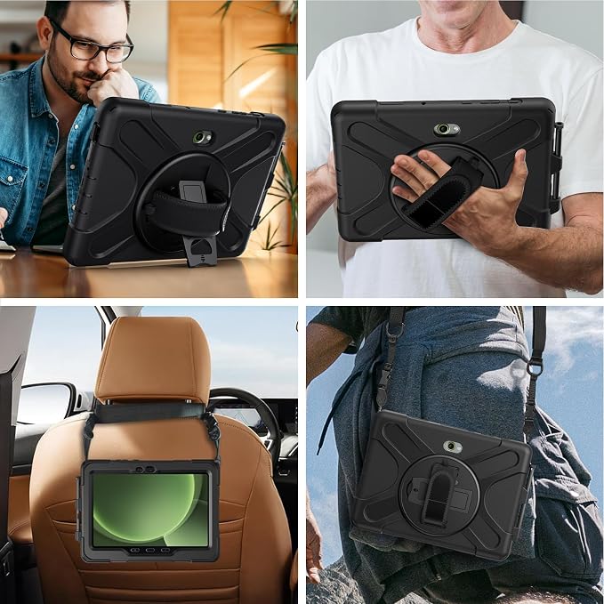 Gerutek Case for Samsung Galaxy Tab Active 5 2024/Active 3 2021 8 Black | Heavy Duty Shockproof Drop Protection Case with Screen Protector 360° Rotating Stand Handle/Shoulder Strap Pencil Holder