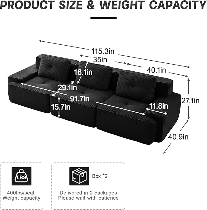 115.3'' Sectional Sofa, 32D Foam Corduroy Boneless Couch with Pillow, Deep Seat Wide Arm Sectional Couch for Apartment, Living Room, Bedroom