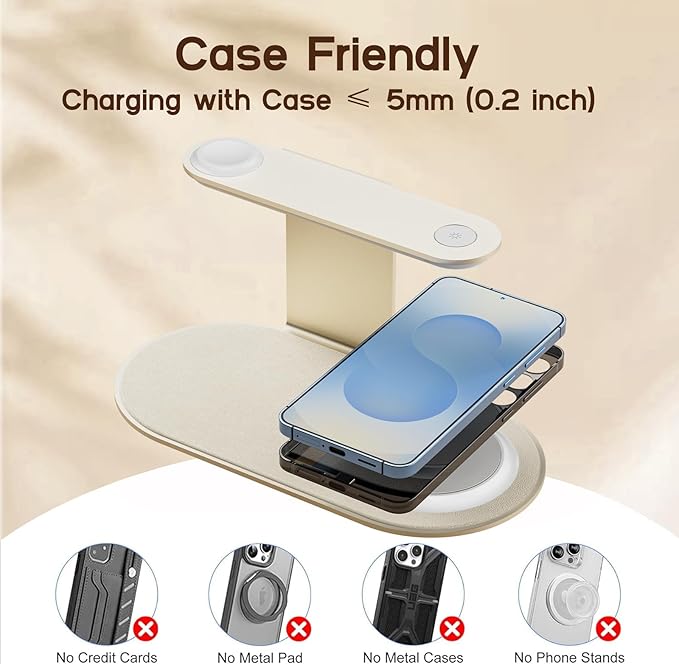Aluminum 4-in-1 Charging Station for Samsung/Android with 3-Level Night Light, 18W Wireless Charger for Galaxy S25 Ultra/S24/S23/S22/Note 20,Galaxy Watch Ultra/8/7,Galaxy Buds 3 Pro(Starlight)