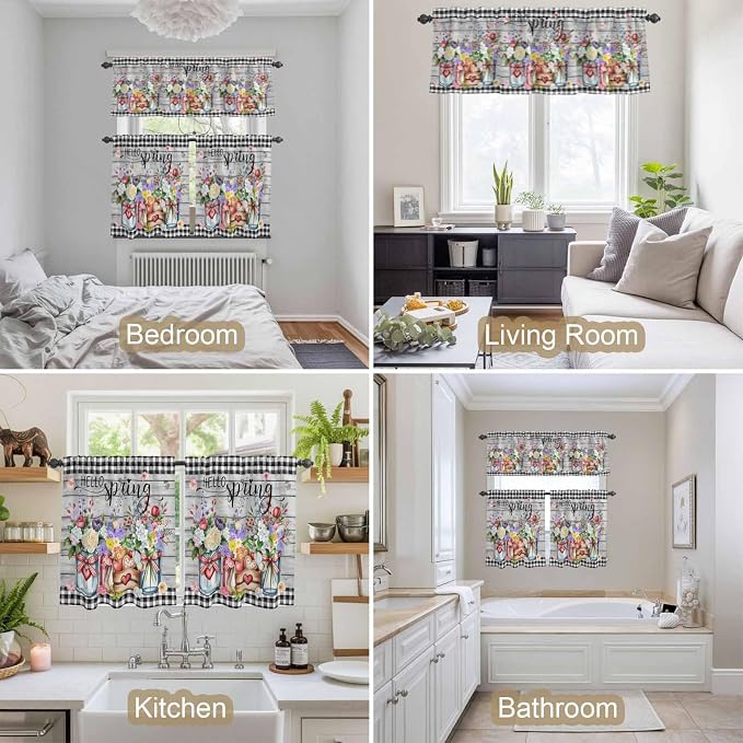 Kitchen Curtains Tiers and Valance Set of 3, Spring Flowers Light Filtering
