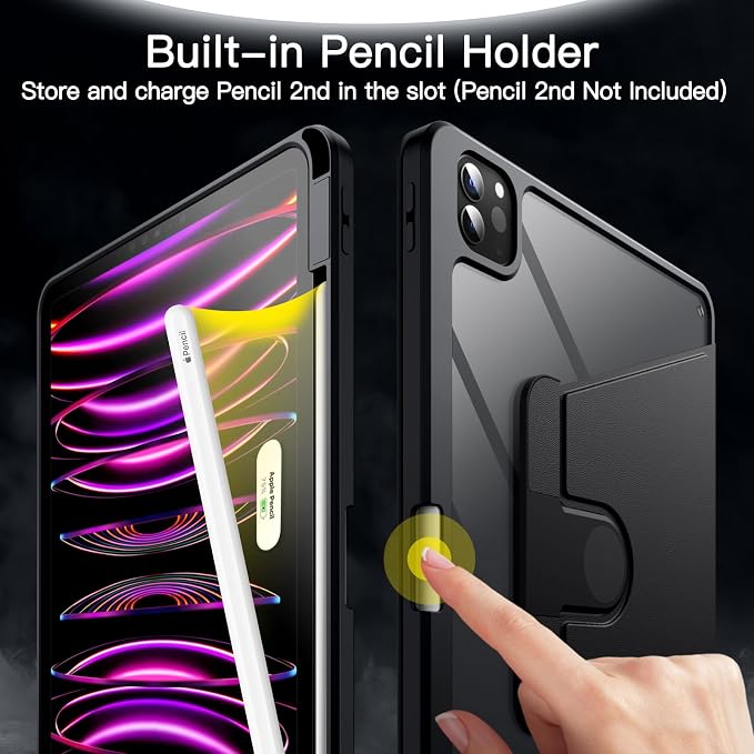 JETech Rotating Case Cover for iPad Pro 11 4/3 Black | For 2022/2021 Model 360° Rotation Stand Clear Back Design Auto Wake/Sleep Pencil Holder Full Protection