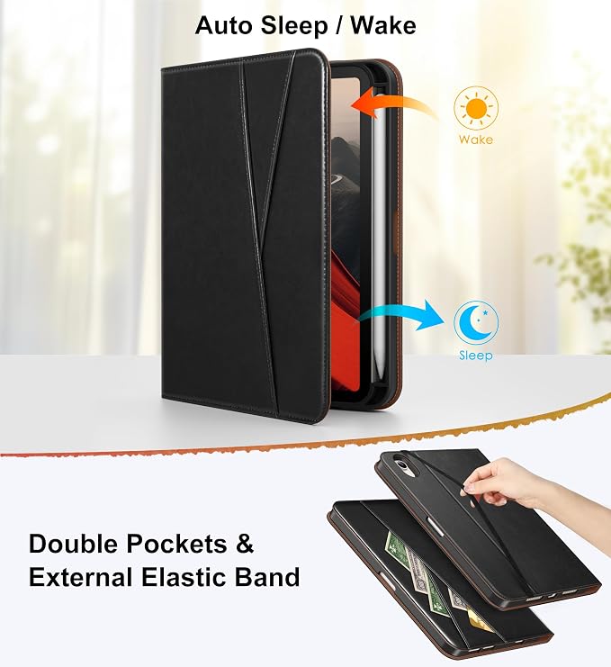 DTTO for iPad mini 7 A17 Pro 2024 aslo fit iPad mini 6 2021 Brown | 360 Degree Rotating Premium Faux Leather Folio Stand Cover with Pencil Holder Auto Sleep/Wake Multiple Angles Hand Strap