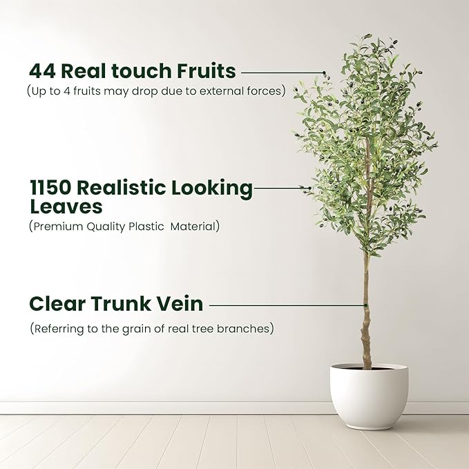 ANTING Artificial Olive Tree, 7FT Faux Olive Tree with Pot, 84in Faux Plants Indoor with Realistic Trunk, 1656 Leaves and 92 Fruits for Home Office Decor Outdoor 1Pack