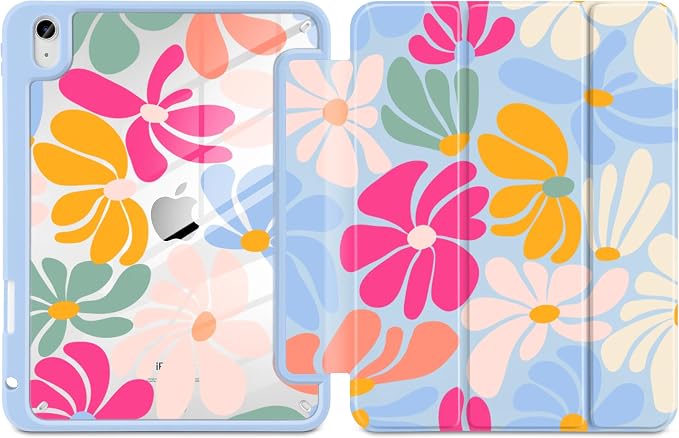 MecBevia Case for iPad Air 11-inch M4 2026 / M3 2025 / M2 2024 | Built-in Pencil Holder Shockproof Clear Hard Back Trifold Stand Auto Wake/Sleep Blue Bow