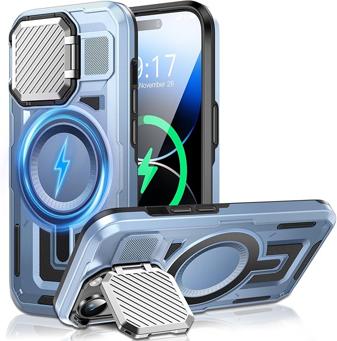 Camera Stand Case for iPhone 14 Pro, [Compatible with MagSafe] [Lens Cover] 2024 Version Military Grade Protective Soft Case for iPhone 14 Pro 6.1 inch Men Women, Blue