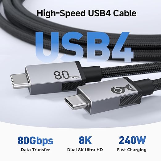 Cable Matters 80Gbps Rugged Braided USB4 Cable 1ft / 0.3m Black | [8K@120Hz / 4K@480Hz Video 240W Charging 80Gbps Data Transfer] Thunderbolt 5/4 Compatible