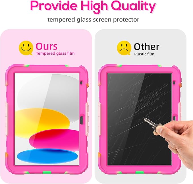 BLOSOMEET Case for iPad A16 11th/10th Generation 11''/10.9'' 2025/2022 with Tempered Glass Screen Protector, Protective Kids Cover with Stand Hand Grip Shoulder Strap, Rosered