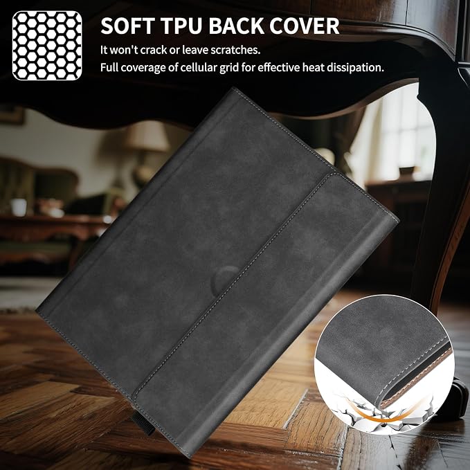 for Microsoft Surface Pro 12 inch Case 1st Edition (2025) Leather Protective Shell Protection Cover Compatible with Type Cover Keyboard and Pencil Holder.Black
