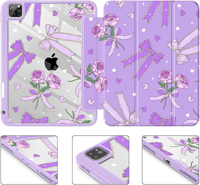 Tuiklol for iPad Pro 11 Inch 4th / 3rd / 2nd / 1st Gen (2022 2021 2020 2018) Case -Built-in Pencil Holder Shockproof Cover Clear Transparent Back Shell with Auto Wake/Sleep Black Flower