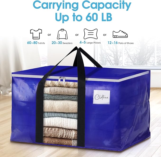 BlissTotes 8 Pack Moving Bags with Clear Window, Storage Bags with Strong Carrying Handles & Zippers,Large Packing Bags for Saving Space, Alternative to Moving Boxes(Blue,24 Gallon)