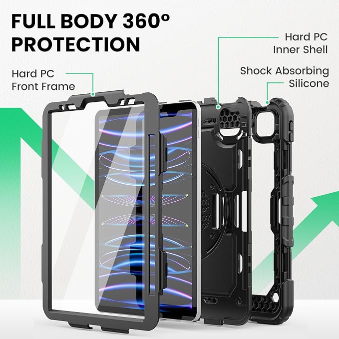 SEYMAC Case for iPad Pro 11 4th/3rd/2nd/1st Gen 2022-2018 Black | Full-Body Shockproof Protective Built-in Screen Protector 360° Rotating Stand Hand/Shoulder Strap Pencil holder
