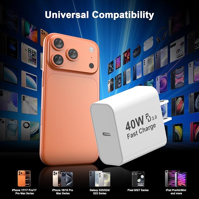 40W USB C Charger Block 2 Pack iPhone 17 16 15 Charger Block Brick Orange | 40 Watt USB C Wall Charger USBC Power Adapter Type C Brick Cube for iPhone 17/17 Pro/17 Pro Max/Air/16 15 14 13 12 11 Gal