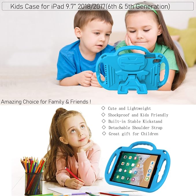 LTROP Kids Case for iPad 5th/6th Generation (2017/2018) &amp Air 2 Shoulder Strap Handle Stand Shockproof Bumper Cute Kid Case for iPad 9.7 Inch Black