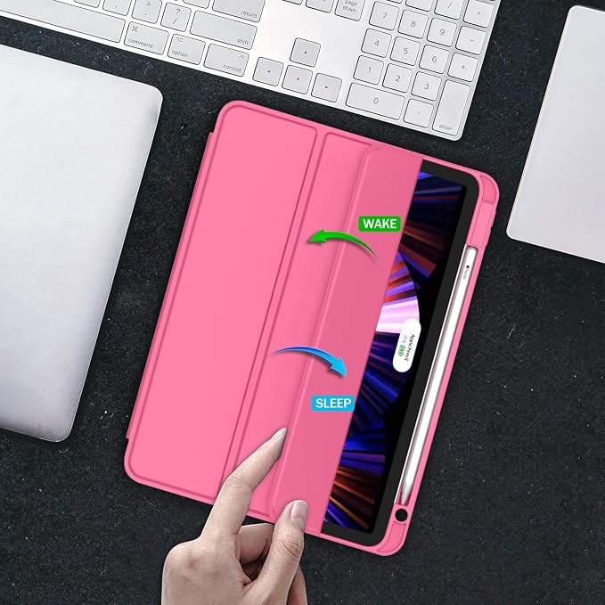New iPad Pro 11 Inch Case 2022(4th Gen)/2021(3rd Gen)/2020(2nd Gen) with Pencil HolderSmart iPad Case [Support Touch ID and Auto Wake/Sleep] with Auto 2nd Gen Pencil Charging (Deep Pink)