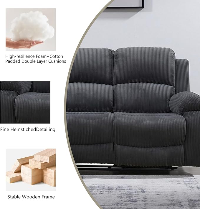 Manual Recliner Sofa Set,Corduroy Reclining Couch Set,Modern Living Room Furniture Set,Reclining Sofa Couch Chair for Living Room Home Office(Dark Grey,3 Pieces Set)