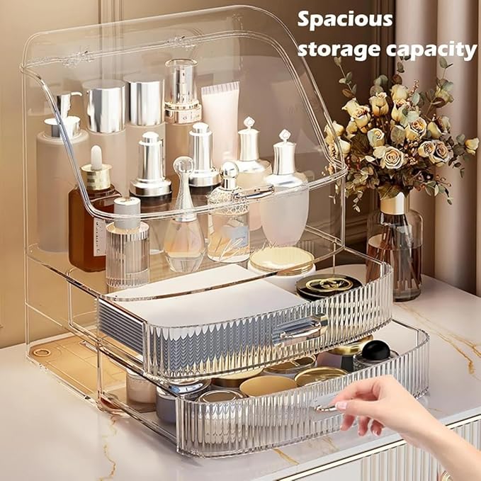 Clear Makeup Organizer Countertop with Drawers and Lid, Dustproof Organizers and Storage for Bathroom Vanity, Ideal for Cosmetic, Beauty Supplies -White