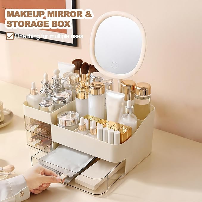DASITON Makeup Organizer with Rechargeable Mirror and 3 Drawers,Skincare and Cosmetics Organizer Countertop,Makeup Brush Holder,Large Cosmetic Display Case for Vanity,Desk,Bathroom,Bedroom(Cream)