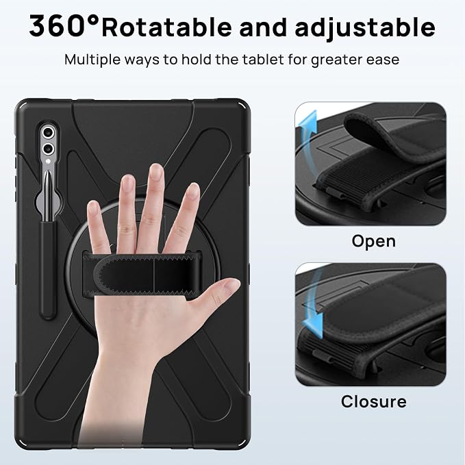 Gerutek Case for Samsung Galaxy Tab S10 FE+/ S10 FE Plus 2025 13.1 Inch Full-Body Drop Protective Case with Screen Protector Pen Holder 360° Rotate Hand Strap &amp StandShoulder Strap Black