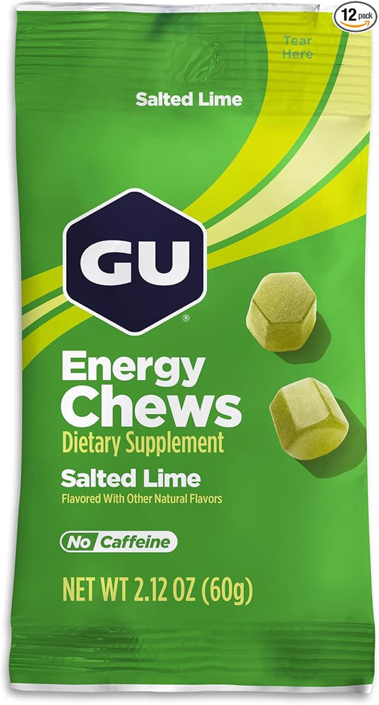 GU Energy Chews, Salted Lime Energy Gummies with Electrolytes, Vegan, Gluten-Free, Kosher, Caffeine-Free, and Dairy-Free On-The-Go Energy for Any Workout, 12 Bags (24 Servings Total)