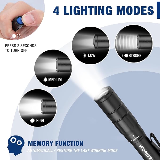 WORKPRO Rechargeable Pen Light 2 Pack Ultra-Compact EDC Flashlight Black | Mini Flashlight Pocket Flashlight with Clip Memory Function and 2 x USB C Cable Included