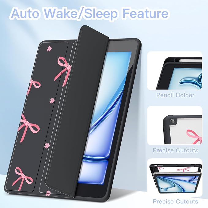 Teryeefi for iPad 10.2 case 2021 20202019 Release 7th 8th 9th Generation Built in Pencil Holder - Stand-Auto Wake/Sleep TPU &amp Hard Stand Clear Back Cover for 10.2 iPad (Black Bow)