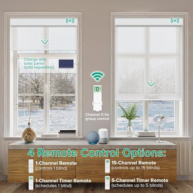 Kilonity Motorized Roller Shades, Light Filtering Remote Control Custom Window Shades Compatible with Alexa Google Assistant via RF Hub, Rechargeable Electric Blinds for Windows (Fireproof White)