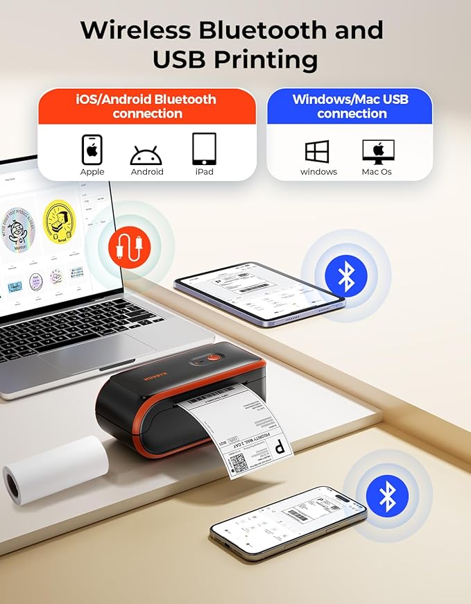MUNBYN MC240 Bluetooth Thermal Label Printer with Battery, Built-in Paper Bin, Portable Wireless 4×6 Shipping Label Printer, Compatible with iOS, Android, Windows, Mac, Works for Small Business