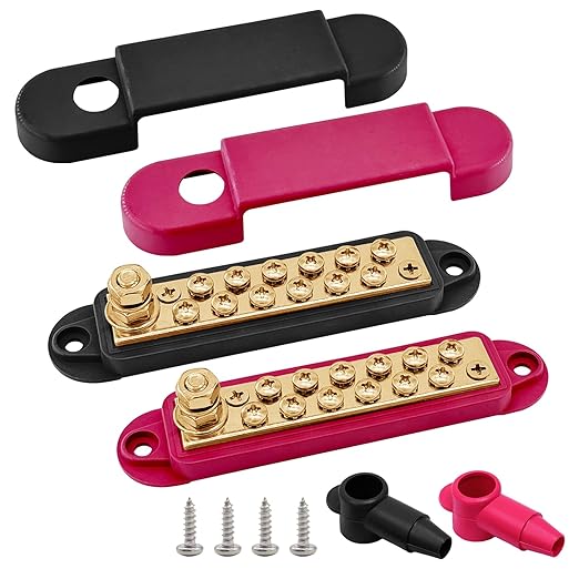1/4" Stud Power Distribution Block Bus Bar with 12 x #8 Screws, Ampper 5.3" 12V 150A Marine BusBar Brass Battery Distribution Block W/Cover for Car Boat Solar (Red & Black)