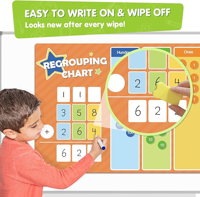 EAMAY Regrouping Base Ten Place Value Manipulatives, Addition and Subtraction Math Manipulatives for 1st 2nd 3rd Grade Classroom Must Haves! Kit with Magnetic Dry Erase Board and Magnetic Chips.