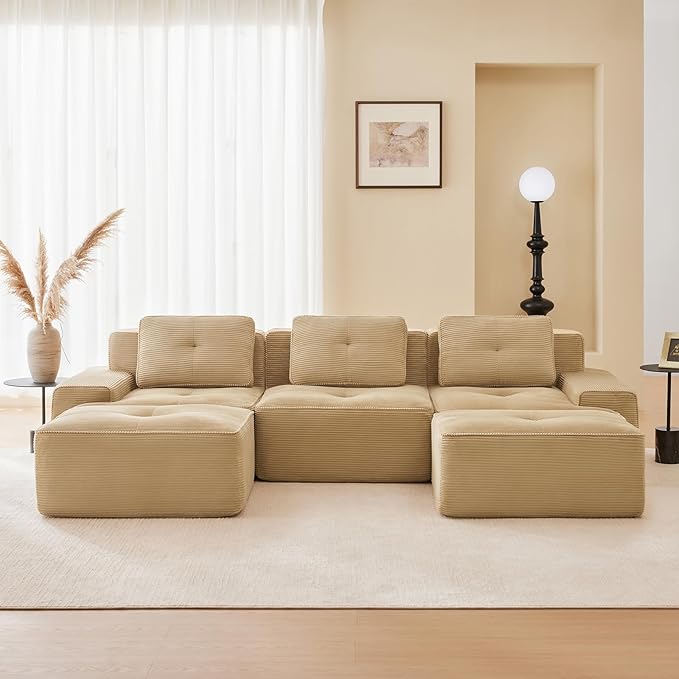 115" Modern Compressed Boneless Couch with Ottoman, 3 Seater Large U Shaped Sectional Couches for Living Room, Camel Corduroy Cloud Modular Sectional Sofa, Memory Foam, Extra Deep, No Assembly