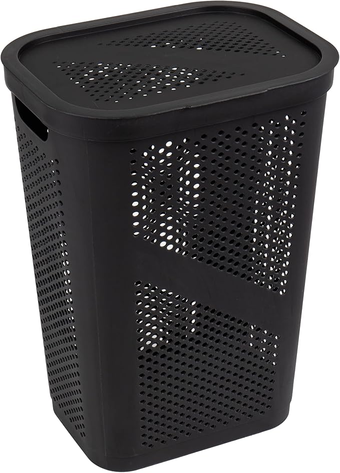 Mind Reader 60L Slim Laundry Hamper, Clothes Basket, Lid, Ventilated, Plastic, Set of 2, Black